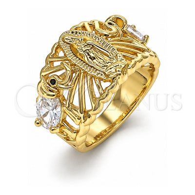 Oro Laminado Multi Stone Ring, Gold Filled Style Guadalupe and Elephant Design, with White and Black Cubic Zirconia, Polished, Golden Finish, 01.380.0020.08 (Size 8)