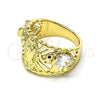Oro Laminado Multi Stone Ring, Gold Filled Style Guadalupe and Elephant Design, with White and Black Cubic Zirconia, Polished, Golden Finish, 01.380.0020.09 (Size 9)