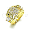 Oro Laminado Multi Stone Ring, Gold Filled Style Guadalupe and Elephant Design, with White and Black Cubic Zirconia, Polished, Golden Finish, 01.380.0020.09 (Size 9)