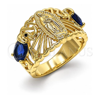 Oro Laminado Multi Stone Ring, Gold Filled Style Guadalupe and Elephant Design, with Sapphire Blue and White Cubic Zirconia, Polished, Golden Finish, 01.380.0020.1.07 (Size 7)