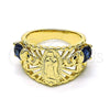 Oro Laminado Multi Stone Ring, Gold Filled Style Guadalupe and Elephant Design, with Sapphire Blue and Black Cubic Zirconia, Polished, Golden Finish, 01.380.0020.1.08 (Size 8)
