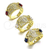 Oro Laminado Multi Stone Ring, Gold Filled Style Guadalupe and Elephant Design, with Garnet and Black Cubic Zirconia, Polished, Golden Finish, 01.380.0020.2.08 (Size 8)