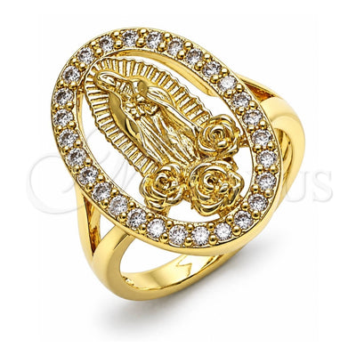 Oro Laminado Multi Stone Ring, Gold Filled Style Guadalupe and Flower Design, with White Cubic Zirconia, Polished, Golden Finish, 01.380.0022.08 (Size 8)