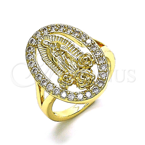 Oro Laminado Multi Stone Ring, Gold Filled Style Guadalupe and Flower Design, with White Cubic Zirconia, Polished, Golden Finish, 01.380.0022.08 (Size 8)
