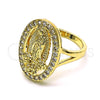 Oro Laminado Multi Stone Ring, Gold Filled Style Guadalupe and Flower Design, with White Cubic Zirconia, Polished, Golden Finish, 01.380.0022.09 (Size 9)