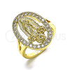 Oro Laminado Multi Stone Ring, Gold Filled Style Guadalupe and Flower Design, with White Cubic Zirconia, Polished, Golden Finish, 01.380.0022.09 (Size 9)