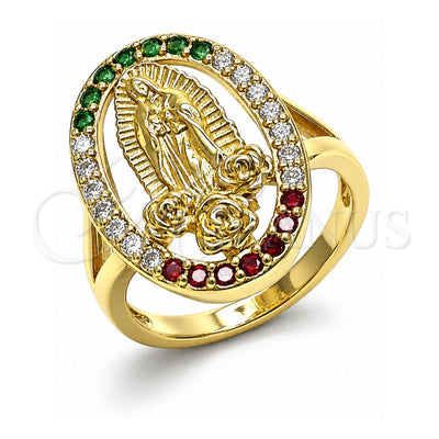Oro Laminado Multi Stone Ring, Gold Filled Style Guadalupe and Flower Design, with Multicolor Cubic Zirconia, Polished, Golden Finish, 01.380.0022.1.07 (Size 7)