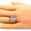 Oro Laminado Multi Stone Ring, Gold Filled Style Guadalupe and Flower Design, with Multicolor Cubic Zirconia, Polished, Golden Finish, 01.380.0022.1.08 (Size 8)