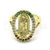 Oro Laminado Multi Stone Ring, Gold Filled Style Guadalupe and Flower Design, with Multicolor Cubic Zirconia, Polished, Golden Finish, 01.380.0022.1.08 (Size 8)