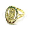 Oro Laminado Multi Stone Ring, Gold Filled Style Guadalupe and Flower Design, with Multicolor Cubic Zirconia, Polished, Golden Finish, 01.380.0022.1.08 (Size 8)