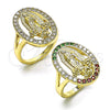 Oro Laminado Multi Stone Ring, Gold Filled Style Guadalupe and Flower Design, with Multicolor Cubic Zirconia, Polished, Golden Finish, 01.380.0022.1.08 (Size 8)