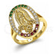 Anillo Multi Piedra 01.380.0022.1.09 Oro Laminado, Diseño de Guadalupe y Flor, con Zirconia Cubica Multicolor, Pulido, Tono Dorado (Tamaño 9)