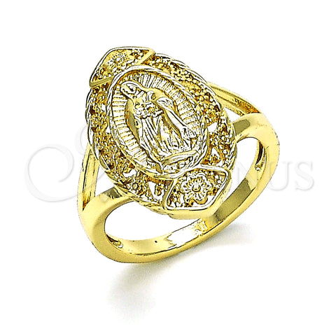 Oro Laminado Elegant Ring, Gold Filled Style Guadalupe and Flower Design, Polished, Golden Finish, 01.380.0012.1.09 (Size 9)