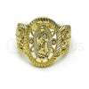 Oro Laminado Elegant Ring, Gold Filled Style Guadalupe and Flower Design, Polished, Golden Finish, 01.380.0024.07 (Size 7)
