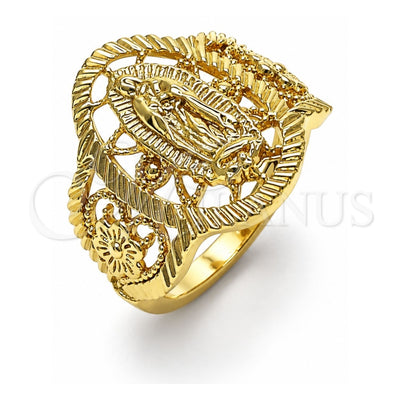 Oro Laminado Elegant Ring, Gold Filled Style Guadalupe and Flower Design, Polished, Golden Finish, 01.380.0024.07 (Size 7)
