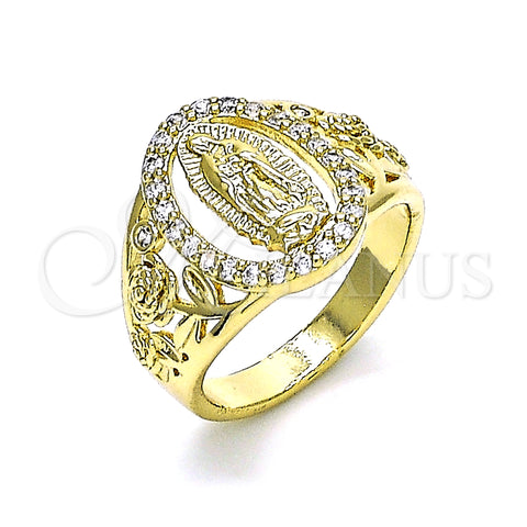 Oro Laminado Multi Stone Ring, Gold Filled Style Guadalupe and Flower Design, with White Cubic Zirconia, Polished, Golden Finish, 01.380.0025.07 (Size 7)