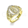 Oro Laminado Multi Stone Ring, Gold Filled Style Guadalupe and Flower Design, with White Cubic Zirconia, Polished, Golden Finish, 01.380.0025.07 (Size 7)