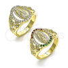 Oro Laminado Multi Stone Ring, Gold Filled Style Guadalupe and Flower Design, with White Cubic Zirconia, Polished, Golden Finish, 01.380.0025.07 (Size 7)