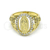 Oro Laminado Multi Stone Ring, Gold Filled Style Guadalupe and Flower Design, with White Cubic Zirconia, Polished, Golden Finish, 01.380.0025.09 (Size 9)
