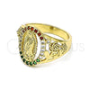 Oro Laminado Multi Stone Ring, Gold Filled Style Guadalupe and Flower Design, with Multicolor Cubic Zirconia, Polished, Golden Finish, 01.380.0025.1.07 (Size 7)
