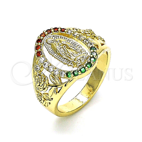 Oro Laminado Multi Stone Ring, Gold Filled Style Guadalupe and Flower Design, with Multicolor Cubic Zirconia, Polished, Golden Finish, 01.380.0025.1.07 (Size 7)