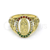 Oro Laminado Multi Stone Ring, Gold Filled Style Guadalupe and Flower Design, with Multicolor Cubic Zirconia, Polished, Golden Finish, 01.380.0025.1.09 (Size 9)