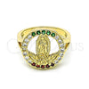 Oro Laminado Multi Stone Ring, Gold Filled Style Guadalupe and Flower Design, with Multicolor Cubic Zirconia, Polished, Golden Finish, 01.380.0026.1.07 (Size 7)