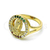 Oro Laminado Multi Stone Ring, Gold Filled Style Guadalupe and Flower Design, with Multicolor Cubic Zirconia, Polished, Golden Finish, 01.380.0026.1.07 (Size 7)