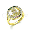 Oro Laminado Multi Stone Ring, Gold Filled Style Guadalupe and Flower Design, with Multicolor Cubic Zirconia, Polished, Golden Finish, 01.380.0026.1.07 (Size 7)