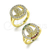 Oro Laminado Multi Stone Ring, Gold Filled Style Guadalupe and Flower Design, with Multicolor Cubic Zirconia, Polished, Golden Finish, 01.380.0026.1.07 (Size 7)