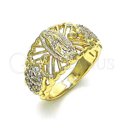 Oro Laminado Multi Stone Ring, Gold Filled Style Guadalupe and Turtle Design, with White Cubic Zirconia, Polished, Golden Finish, 01.380.0027.08 (Size 8)
