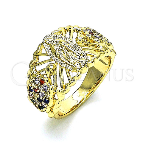 Oro Laminado Multi Stone Ring, Gold Filled Style Guadalupe and Turtle Design, with Multicolor Cubic Zirconia, Polished, Golden Finish, 01.380.0027.1.07 (Size 7)