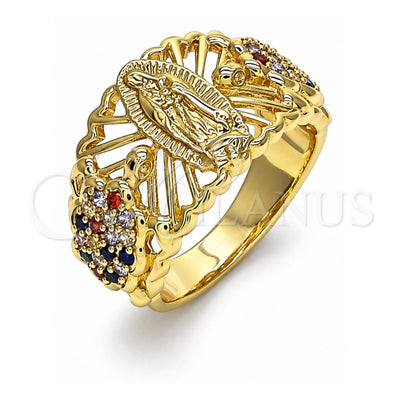 Oro Laminado Multi Stone Ring, Gold Filled Style Guadalupe and Turtle Design, with Multicolor Cubic Zirconia, Polished, Golden Finish, 01.380.0027.1.08 (Size 8)