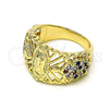 Oro Laminado Multi Stone Ring, Gold Filled Style Guadalupe and Turtle Design, with Multicolor Cubic Zirconia, Polished, Golden Finish, 01.380.0027.1.09 (Size 9)