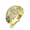 Oro Laminado Multi Stone Ring, Gold Filled Style Guadalupe and Turtle Design, with Multicolor Cubic Zirconia, Polished, Golden Finish, 01.380.0027.1.09 (Size 9)