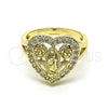 Oro Laminado Multi Stone Ring, Gold Filled Style Guadalupe and Heart Design, with White Cubic Zirconia, Polished, Golden Finish, 01.380.0028.07 (Size 7)