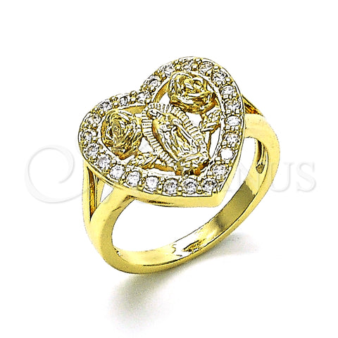 Oro Laminado Multi Stone Ring, Gold Filled Style Guadalupe and Heart Design, with White Cubic Zirconia, Polished, Golden Finish, 01.380.0028.07 (Size 7)