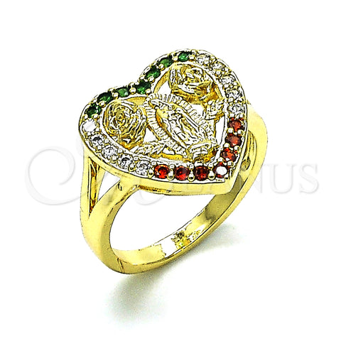 Oro Laminado Multi Stone Ring, Gold Filled Style Guadalupe and Heart Design, with Multicolor Cubic Zirconia, Polished, Golden Finish, 01.380.0028.1.07 (Size 7)