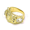 Oro Laminado Multi Stone Ring, Gold Filled Style Guadalupe and Owl Design, with White and Black Cubic Zirconia, Polished, Golden Finish, 01.380.0029.08 (Size 8)