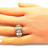 Oro Laminado Multi Stone Ring, Gold Filled Style Guadalupe and Owl Design, with White and Black Cubic Zirconia, Polished, Golden Finish, 01.380.0029.09 (Size 9)