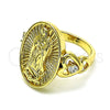 Oro Laminado Multi Stone Ring, Gold Filled Style Guadalupe and Heart Design, with White Cubic Zirconia, Polished, Golden Finish, 01.380.0030.07 (Size 7)