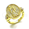 Oro Laminado Multi Stone Ring, Gold Filled Style Guadalupe and Heart Design, with White Cubic Zirconia, Polished, Golden Finish, 01.380.0030.07 (Size 7)
