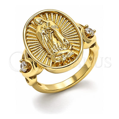 Oro Laminado Multi Stone Ring, Gold Filled Style Guadalupe and Heart Design, with White Cubic Zirconia, Polished, Golden Finish, 01.380.0030.09 (Size 9)