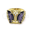 Oro Laminado Multi Stone Ring, Gold Filled Style Butterfly Design, with Amethyst and White Cubic Zirconia, Polished, Golden Finish, 01.380.0031.1.09 (Size 9)