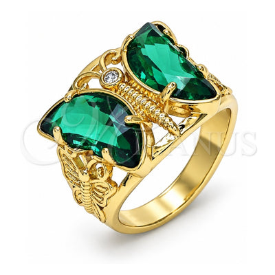Oro Laminado Multi Stone Ring, Gold Filled Style Butterfly Design, with Green and White Cubic Zirconia, Polished, Golden Finish, 01.380.0031.2.08 (Size 8)