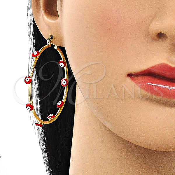 Gold Filled Hoop Earrings — Large Hoop Evil Eye Design Red Enamel 02. — alternate product view — SKU 148262 | Oro Laminado aretes de aro — Large Hoop Evil Eye diseño Red Enamel 02. — SKU 148262