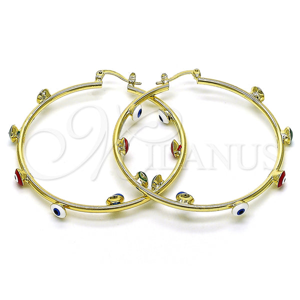 Gold Filled Hoop Earrings — Large Hoop Evil Eye Design Multicolor Enamel 02. — main product view — SKU 148264 | Oro Laminado aretes de aro — Large Hoop Evil Eye diseño Multicolor Enamel 02. — SKU 148264