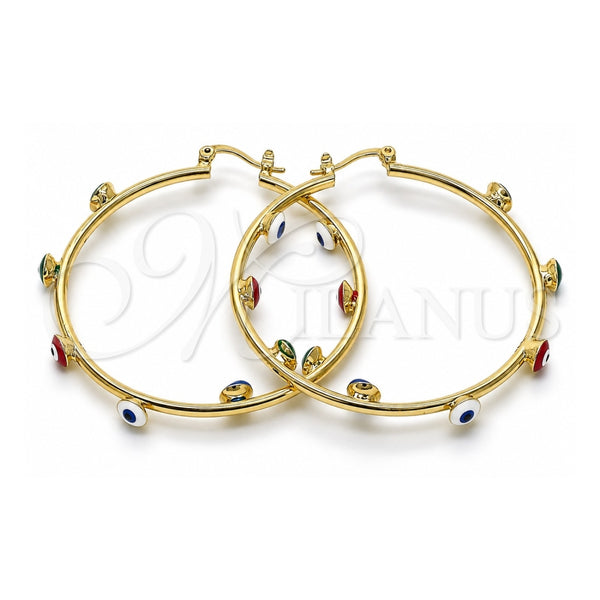 Oro Laminado Large Hoop, Gold Filled Style Evil Eye Design, Multicolor Enamel Finish, Golden Finish, 02.380.0106.2.50