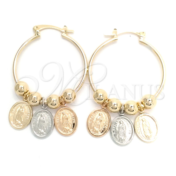 Gold Filled Hoop Earrings — Medium Hoop Guadalupe Design Polished Tricolor 02.58. — main product view — SKU 148298 | Oro Laminado aretes de aro — Medium Hoop Guadalupe diseño pulido Tricolor 02.58. — SKU 148298