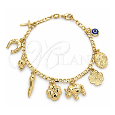 Oro Laminado Charm Bracelet, Gold Filled Style Evil Eye and Elephant Design, Polished, Golden Finish, 03.58.0067.07 (04 MM Thickness, 7 Inches Length)